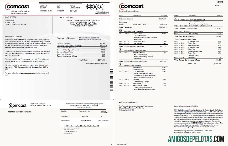 imprimível Modelo de conta de serviços públicos Comcast dos EUA em formatos Word e PDF, 2 páginas, versão 2